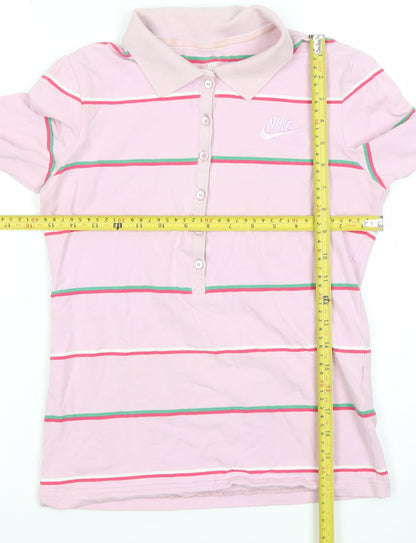 Nike Womens Pink Striped Long Sleeve Polo Shirt Size M