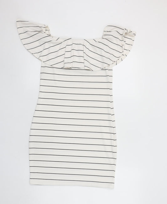 Missguided Women's White Striped Off Shoulder Bodycon Dress Size 12