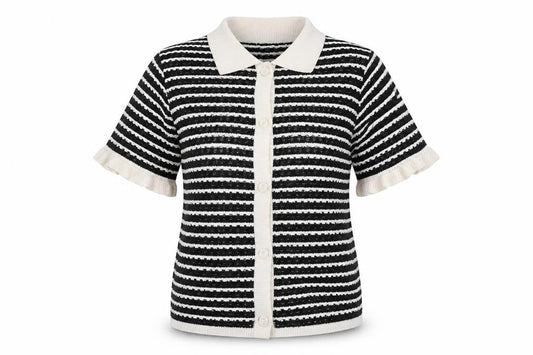Front view of ASOS DESIGN Women's Black Striped Short Sleeve Knit Cardigan, size S