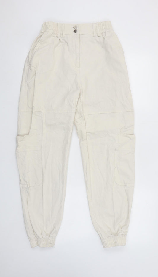Bershka Women’s Ivory Cargo Trousers Size 10 Cotton Twill