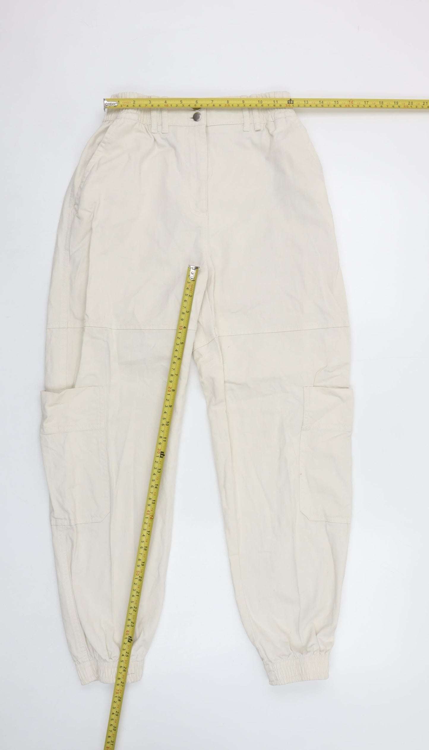 Bershka Women’s Ivory Cargo Trousers Size 10 Cotton Twill