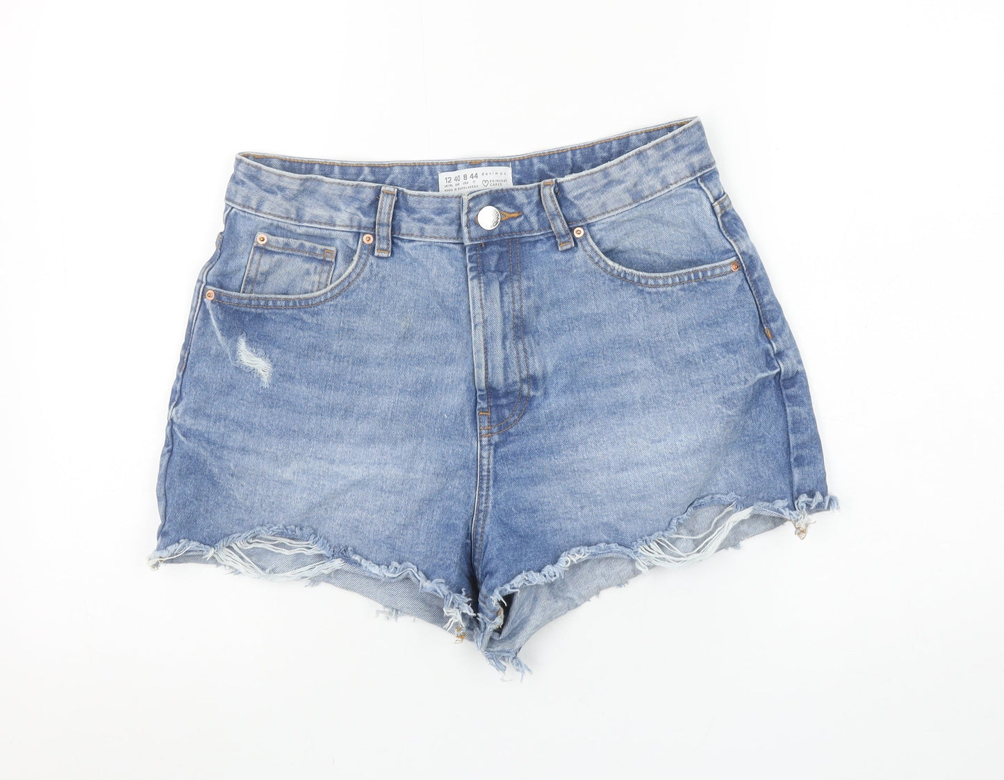 Primark Women Blue Denim Cut-Off Shorts Size 12 High Waist Casual