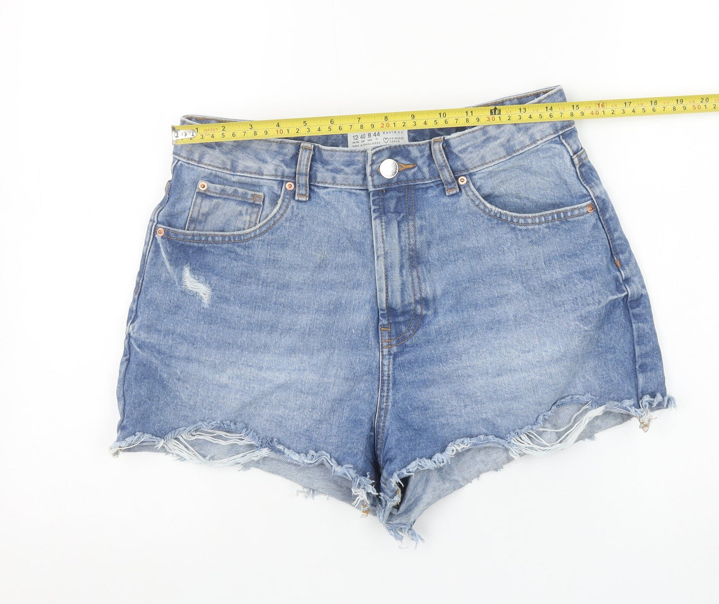 Primark Women Blue Denim Cut-Off Shorts Size 12 High Waist Casual