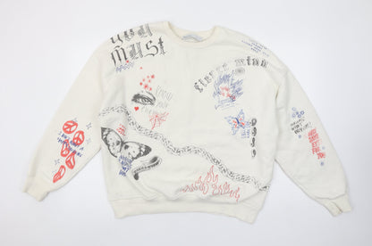 Bershka Women Beige Graphic Print Pullover Sweatshirt M