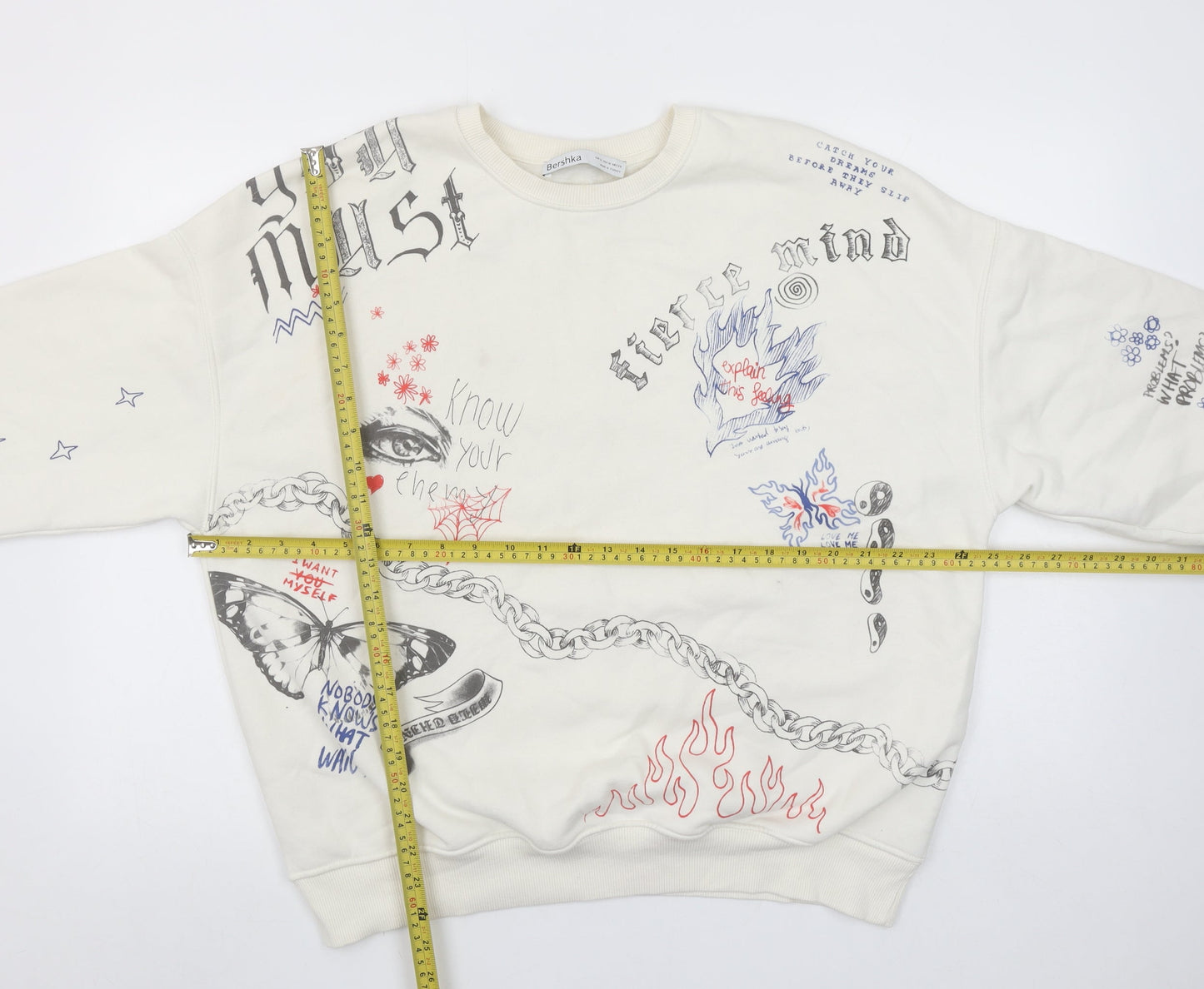 Bershka Women Beige Graphic Print Pullover Sweatshirt M