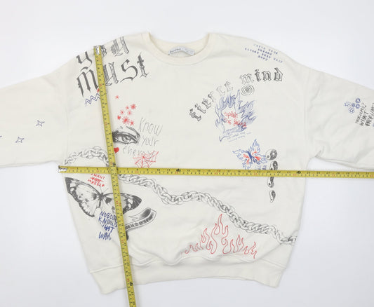 Bershka Women Beige Graphic Print Pullover Sweatshirt M