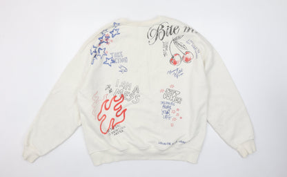 Bershka Women Beige Graphic Print Pullover Sweatshirt M