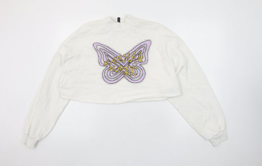 H&M Divided Women’s White Cropped Pullover Sweatshirt L Butterfly Karma & Magic