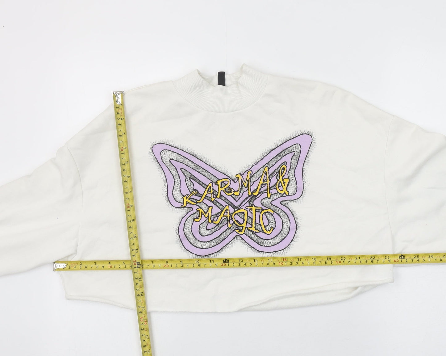 H&M Divided Women’s White Cropped Pullover Sweatshirt L Butterfly Karma & Magic