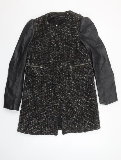 Zara Women Black Tweed Leather Sleeve Biker Jacket Size 8