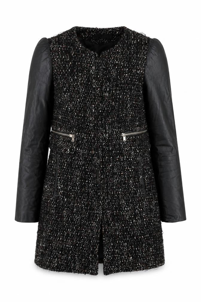 Zara Women Black Tweed Leather Sleeve Biker Jacket Size 8