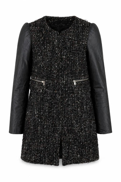 Zara Women Black Tweed Leather Sleeve Biker Jacket Size 8