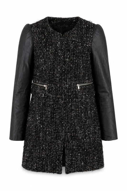 Zara Women Black Tweed Leather Sleeve Biker Jacket Size 8