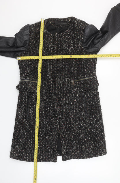 Zara Women Black Tweed Leather Sleeve Biker Jacket Size 8