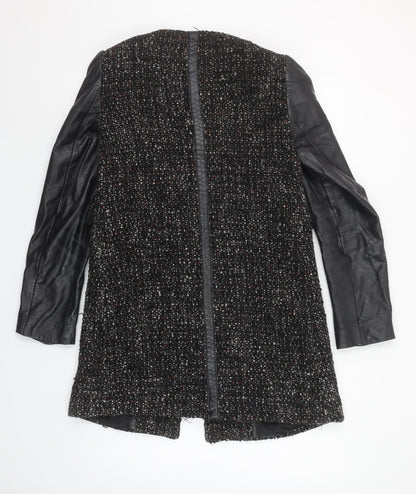 Zara Women Black Tweed Leather Sleeve Biker Jacket Size 8