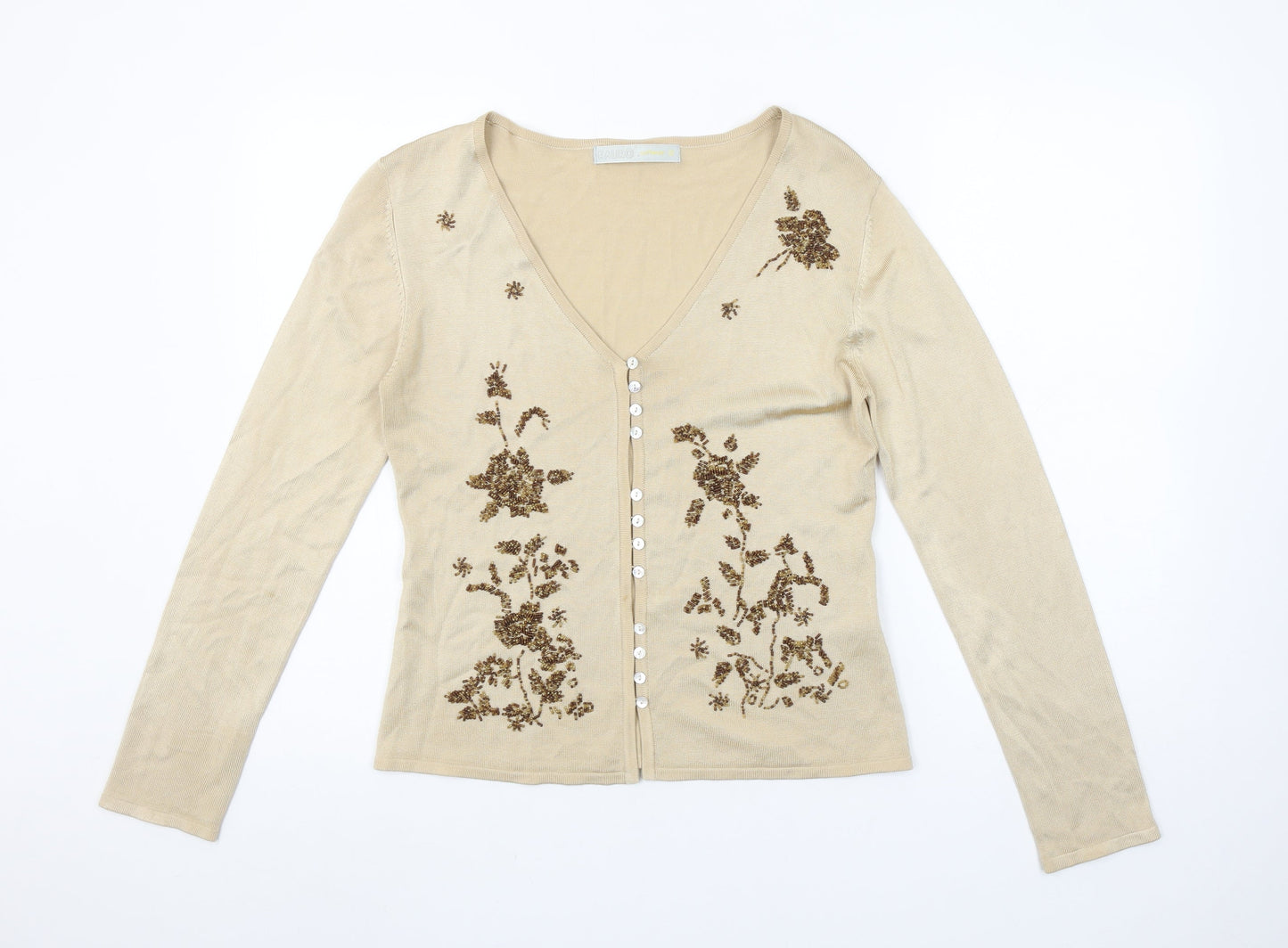 Kaliko Women Beige Floral Beaded V-Neck Long Sleeve Cardigan Size 12