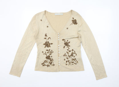 Kaliko Women Beige Floral Beaded V-Neck Long Sleeve Cardigan Size 12