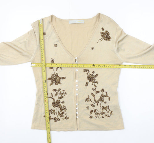 Kaliko Women Beige Floral Beaded V-Neck Long Sleeve Cardigan Size 12