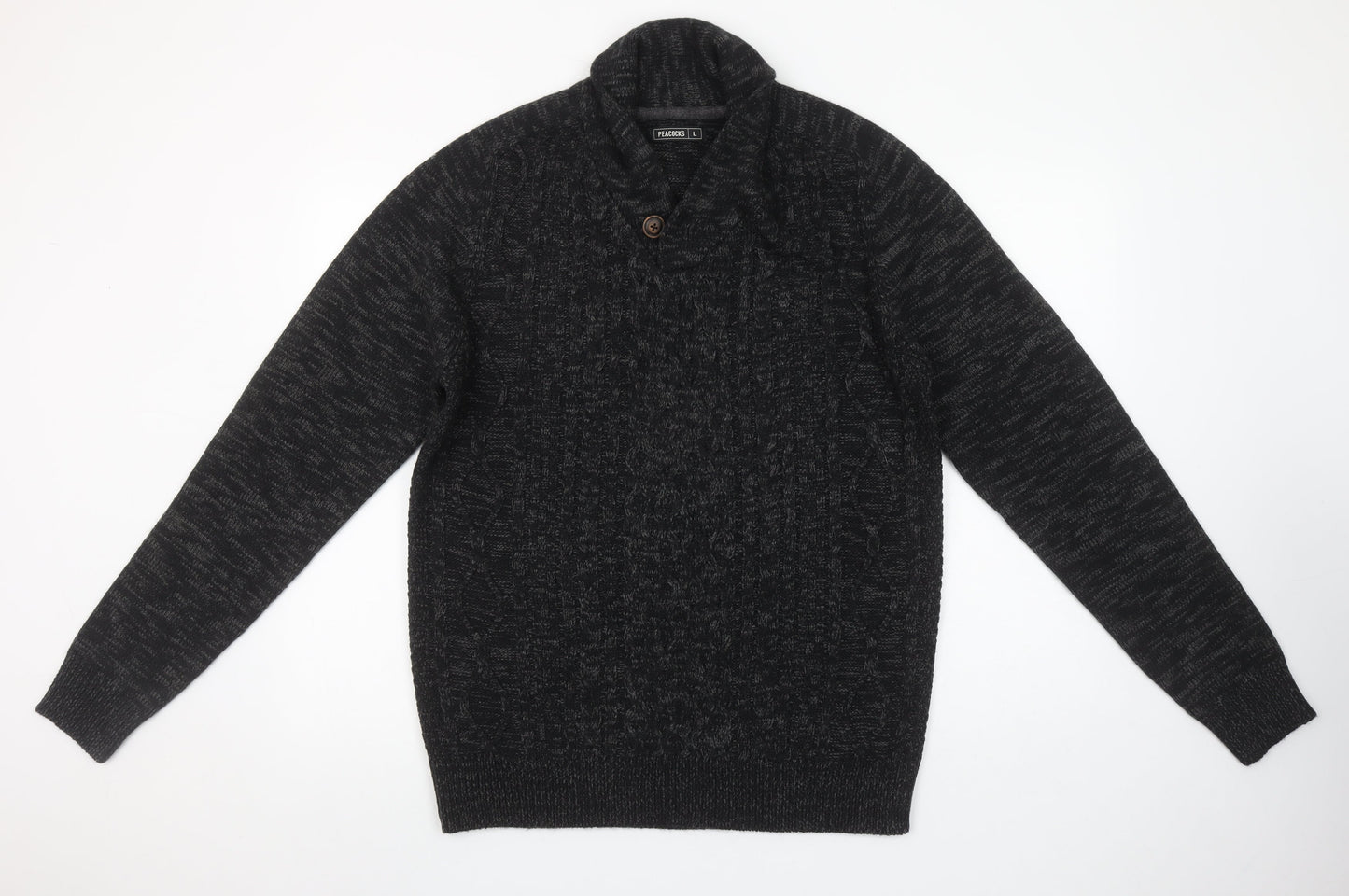Peacocks Men's Black Cable-Knit Shawl Collar Jumper Size L