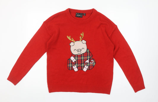 Brave Soul Women’s Red Christmas Pig Sequin Knit Jumper XS