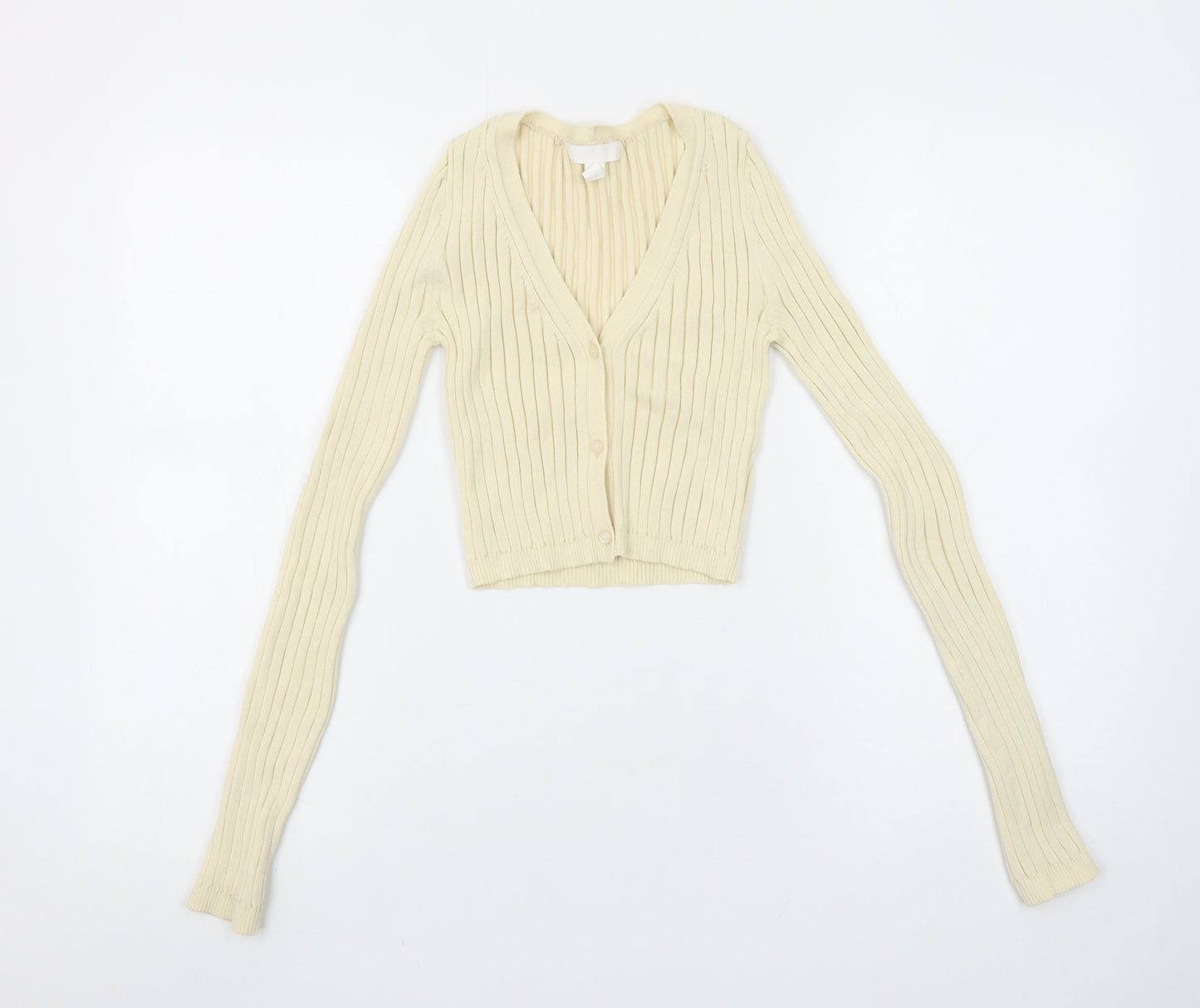 H&M Women Ivory Ribbed V-Neck Cardigan XS Slim Fit Knitwear