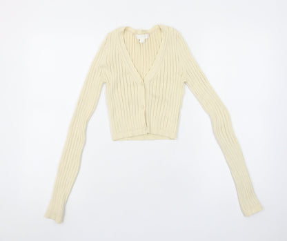 H&M Women Ivory Ribbed V-Neck Cardigan XS Slim Fit Knitwear