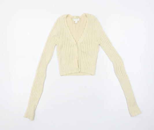 H&M Women Ivory Ribbed V-Neck Cardigan XS Slim Fit Knitwear