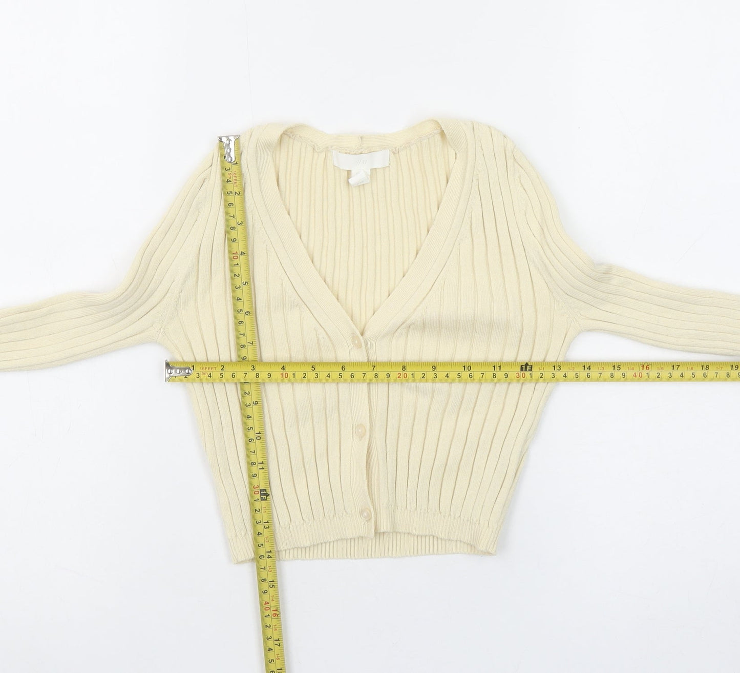 H&M Women Ivory Ribbed V-Neck Cardigan XS Slim Fit Knitwear