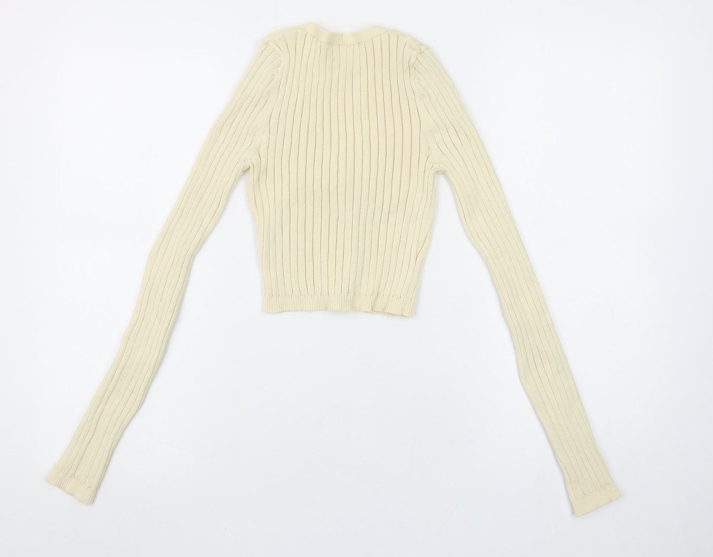 H&M Women Ivory Ribbed V-Neck Cardigan XS Slim Fit Knitwear