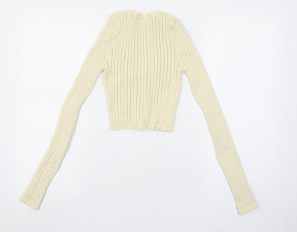 H&M Women Ivory Ribbed V-Neck Cardigan XS Slim Fit Knitwear