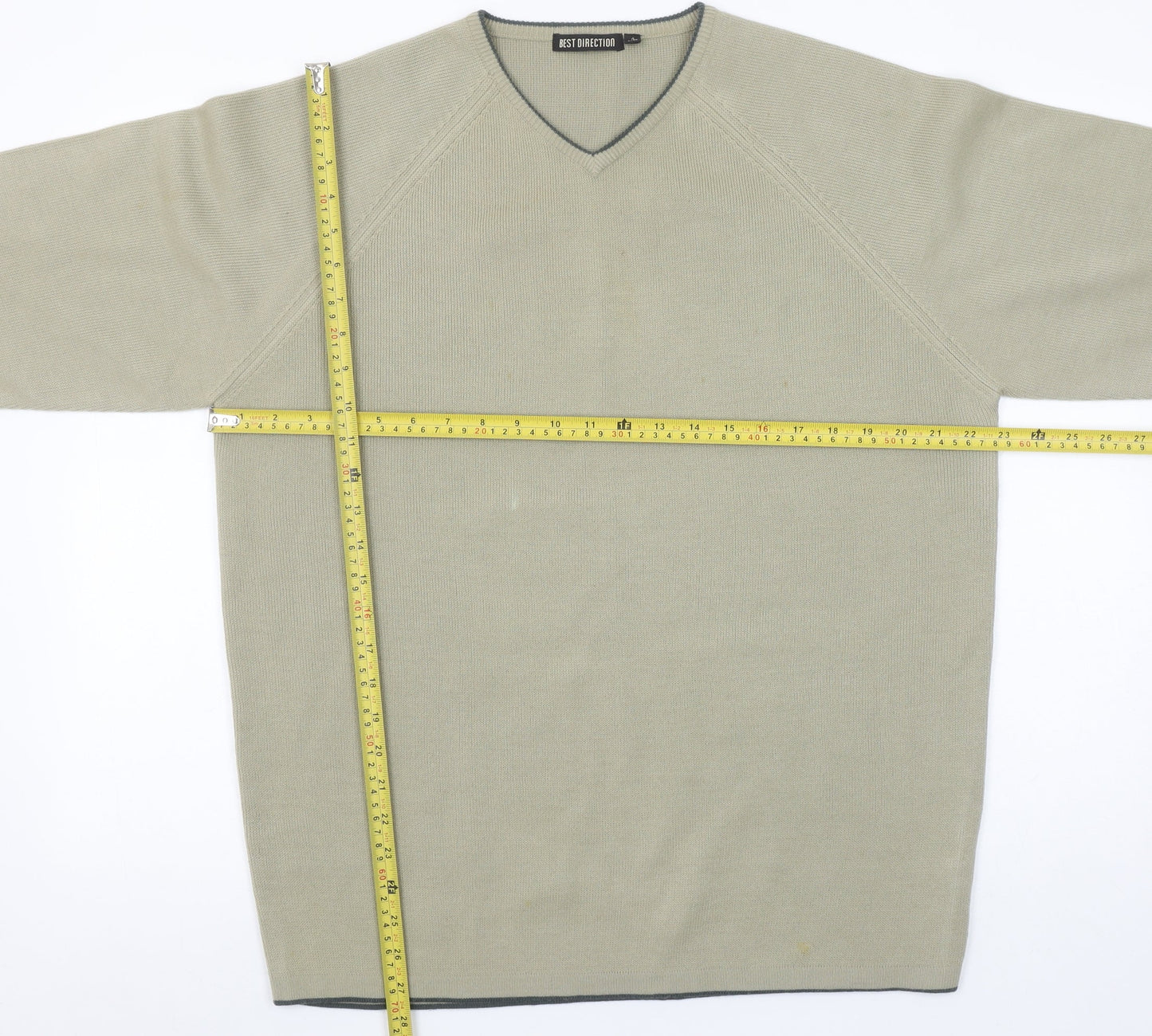 Best Direction Men's Beige V-Neck Wool Blend Jumper L