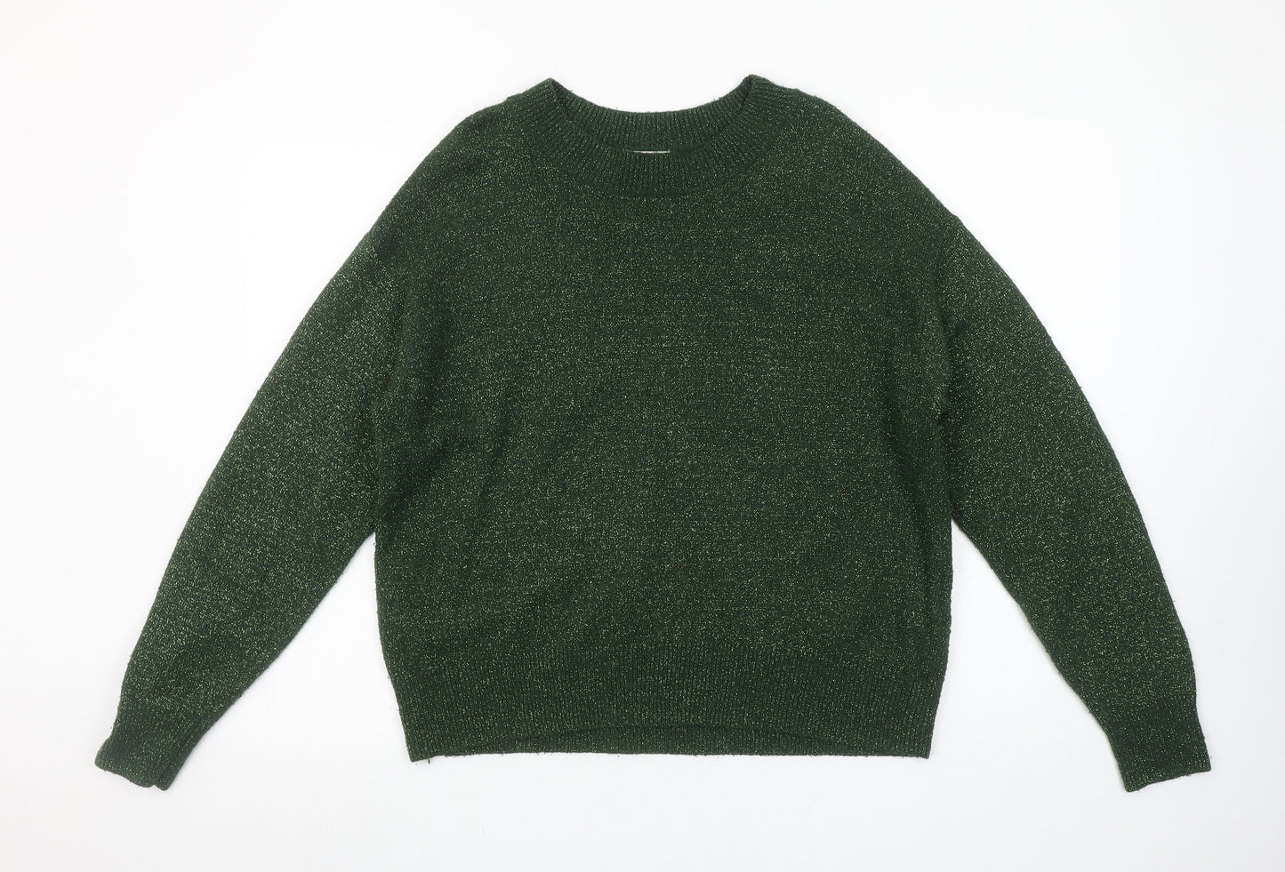 H&M Women’s Green Metallic Knit Crew Neck Pullover Jumper Size S