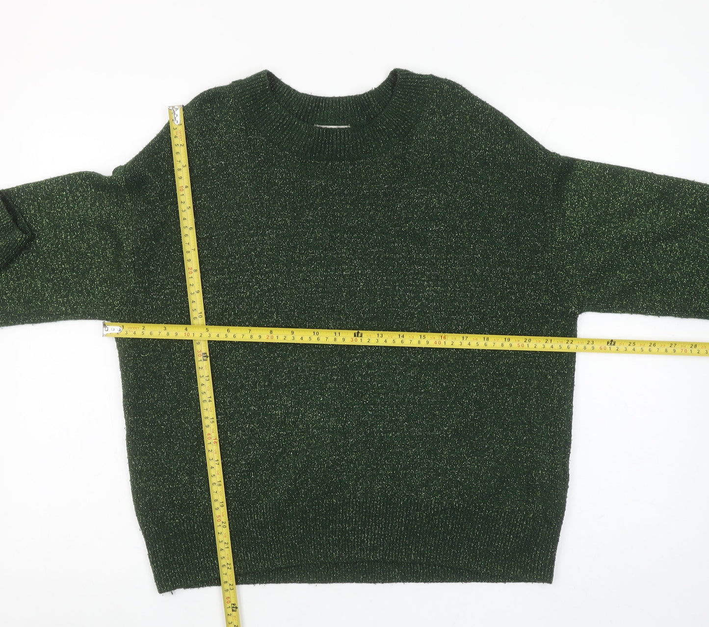 H&M Women’s Green Metallic Knit Crew Neck Pullover Jumper Size S