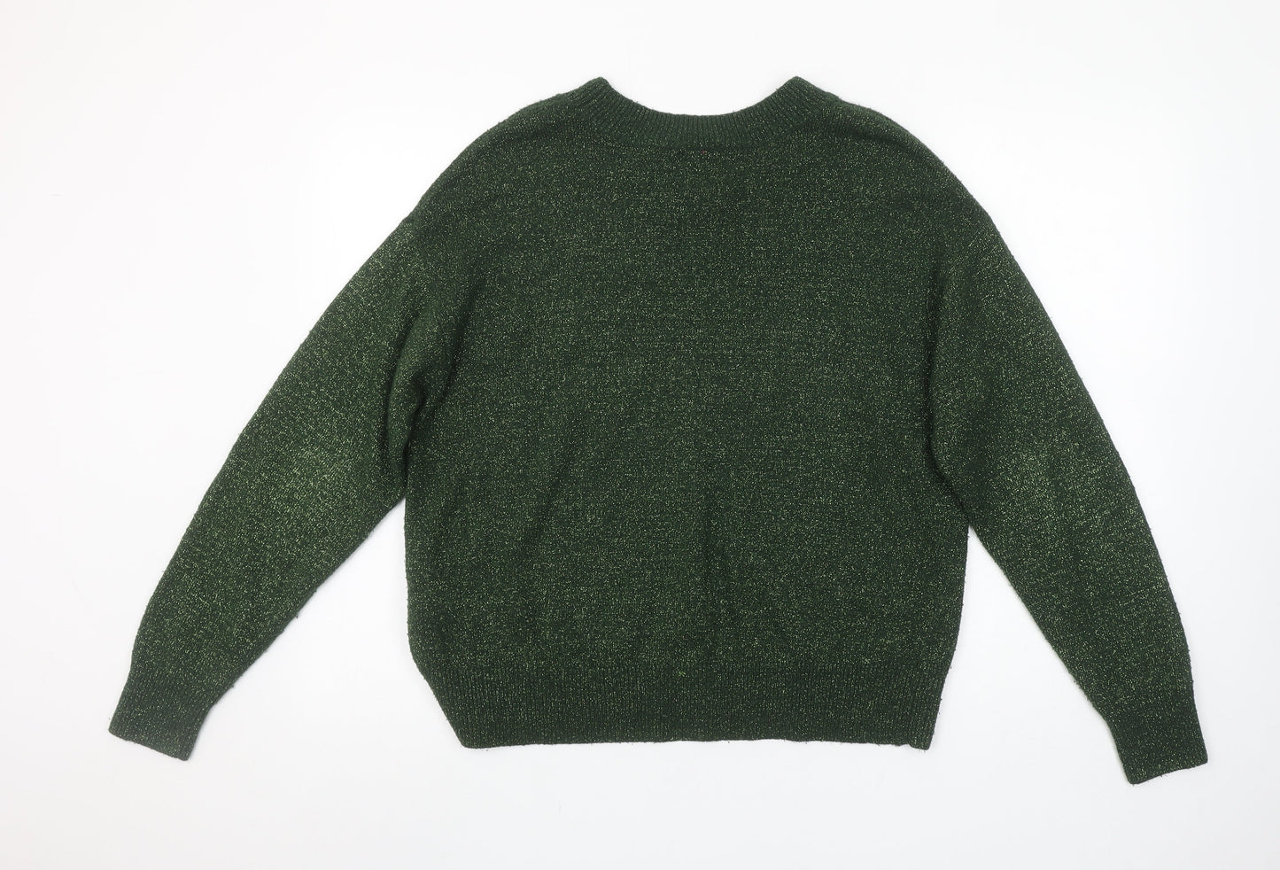 H&M Women’s Green Metallic Knit Crew Neck Pullover Jumper Size S