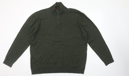 Next Men Green 2XL High Neck Cotton Knit 1/2 Zip Jumper