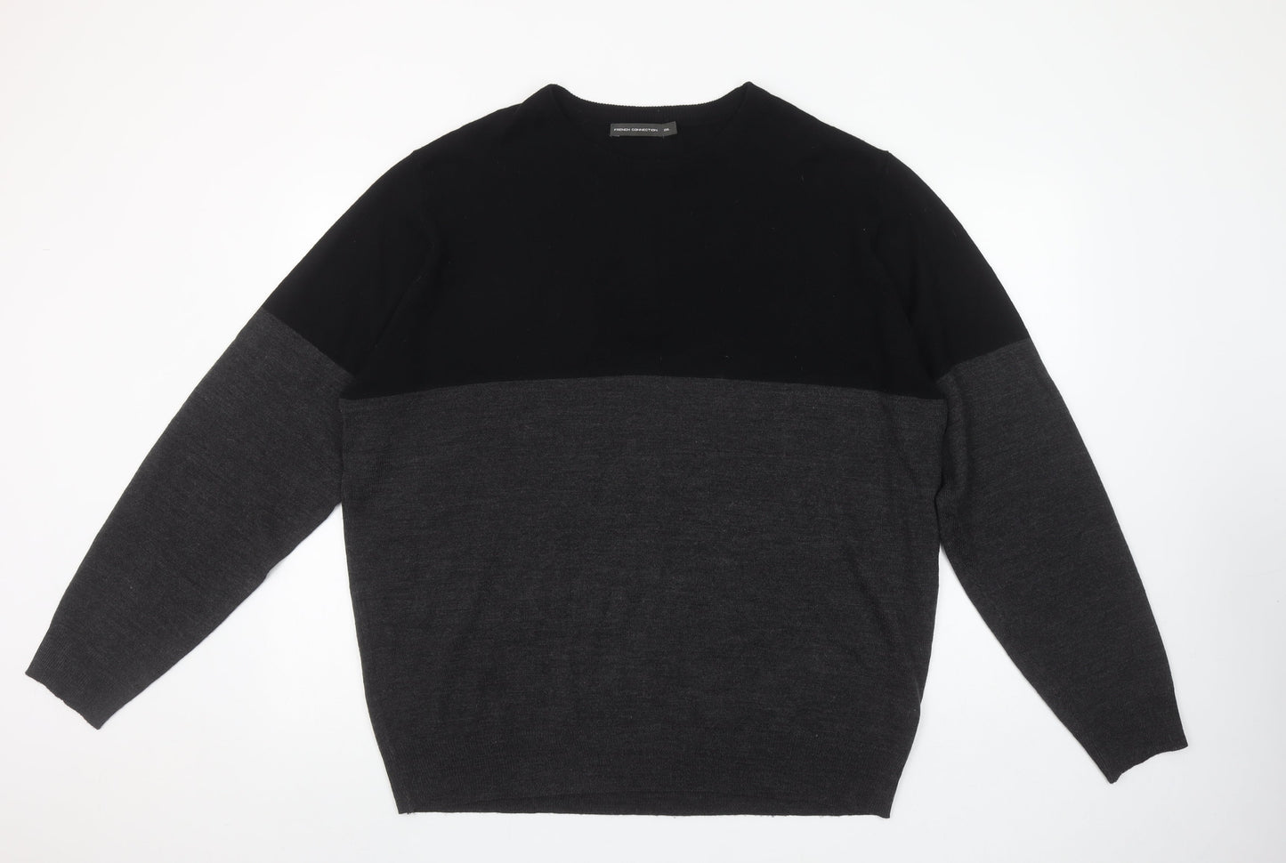 French Connection Men’s Black Grey 2XL Wool Blend Crew Neck Jumper