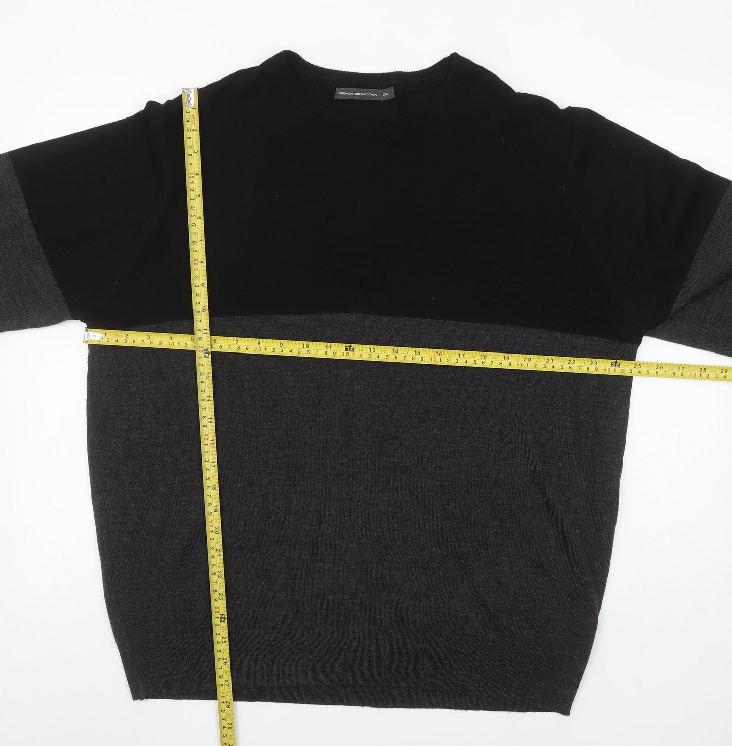 French Connection Men’s Black Grey 2XL Wool Blend Crew Neck Jumper