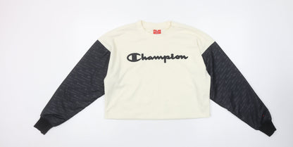 Champion Women’s Beige Black Logo Pullover Sweatshirt Size S Polyester