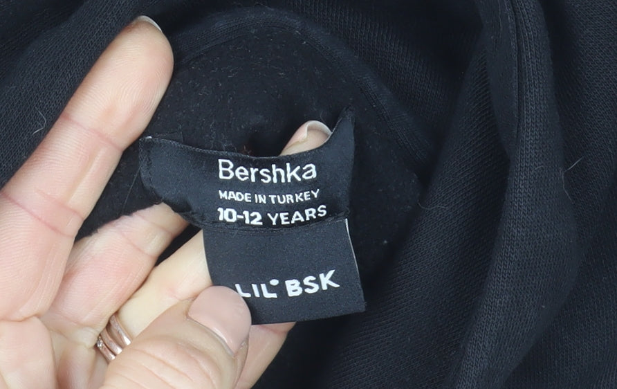Bershka Girls Black Hoodie 10-12 Years Graphic Print Pullover Sweatshirt