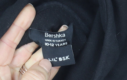 Bershka Girls Black Hoodie 10-12 Years Graphic Print Pullover Sweatshirt