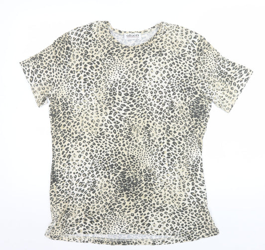 Olsen Womens Beige Animal Print Short Sleeve Viscose T-Shirt Size 14