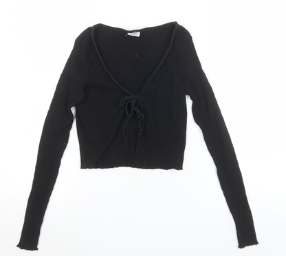 Cotton:On Women's Black Cropped Tie Front Ribbed Long Sleeve Top XS