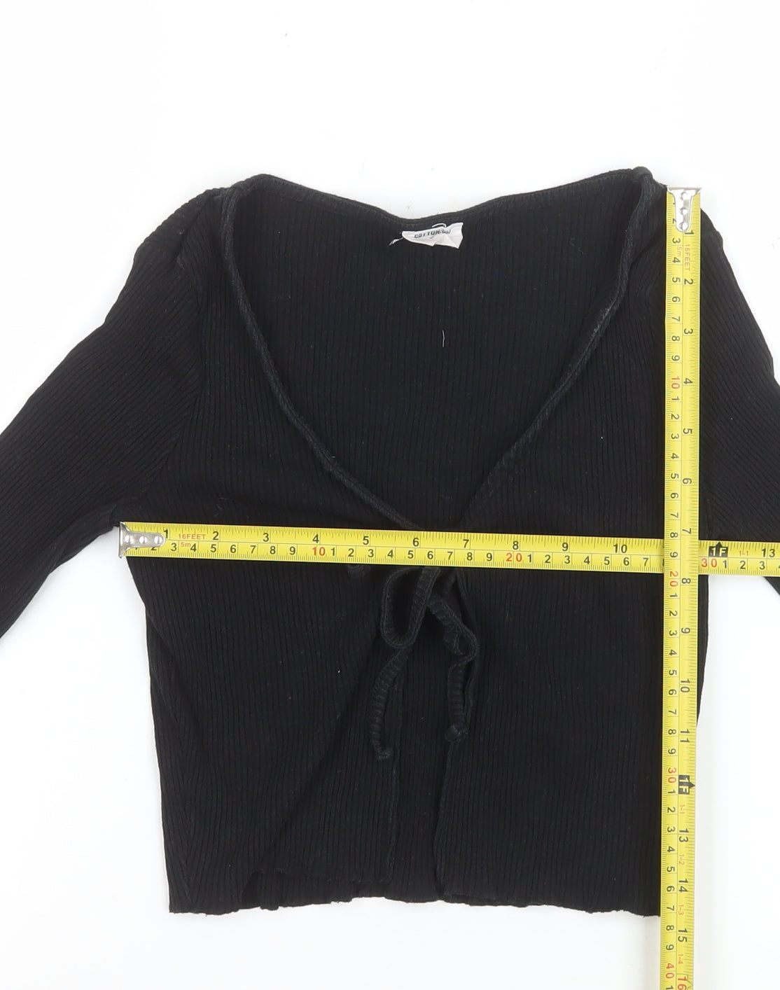 Cotton:On Women's Black Cropped Tie Front Ribbed Long Sleeve Top XS