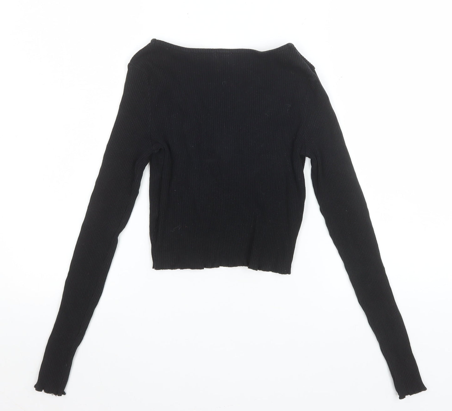 Cotton:On Women's Black Cropped Tie Front Ribbed Long Sleeve Top XS