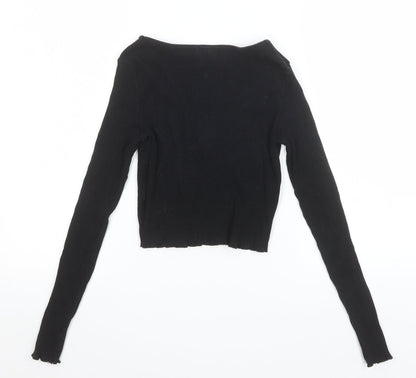 Cotton:On Women's Black Cropped Tie Front Ribbed Long Sleeve Top XS