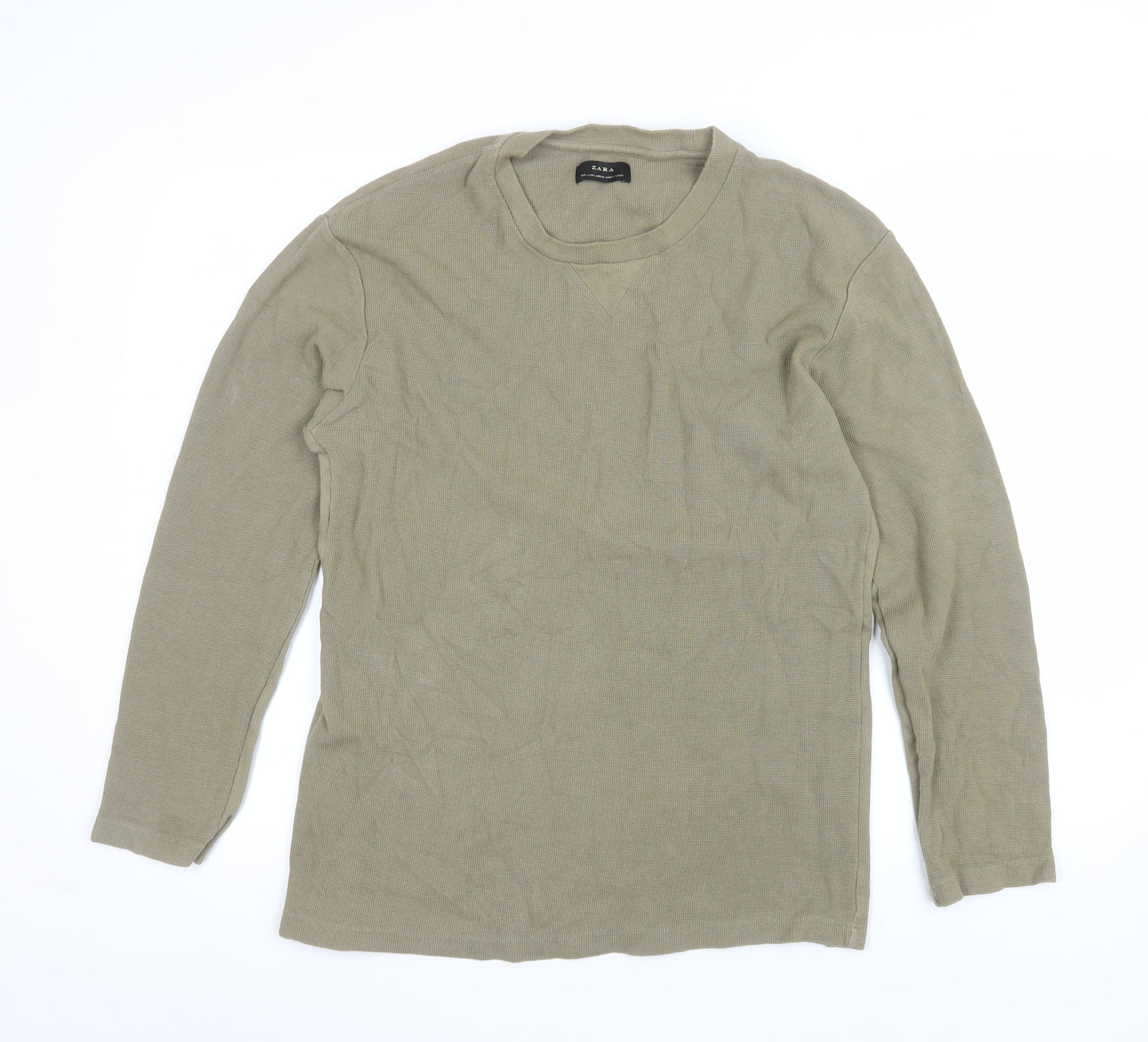 Zara Men's Beige Cotton Crew Neck Long Sleeve Pullover Sweatshirt L