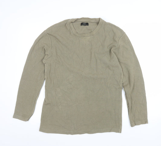 Zara Men's Beige Cotton Crew Neck Long Sleeve Pullover Sweatshirt L