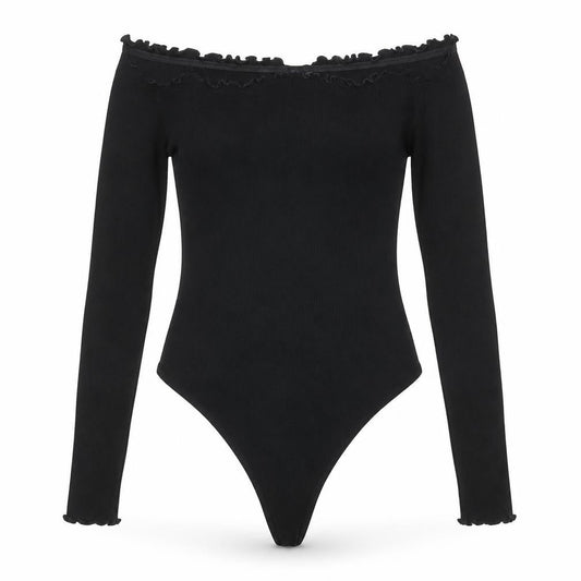 Front view of ASOS Women’s Black Off Shoulder Long Sleeve Bodysuit UK 12