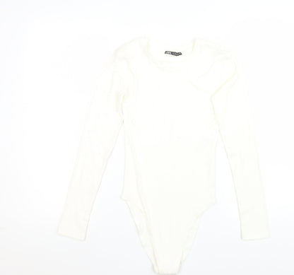 ZARA Women Ivory Long Sleeve Bodysuit Size S Stretch Cotton Blend