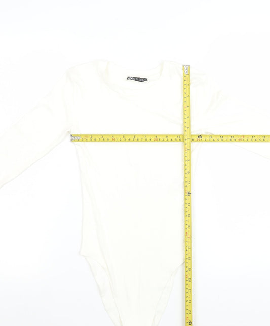 ZARA Women Ivory Long Sleeve Bodysuit Size S Stretch Cotton Blend